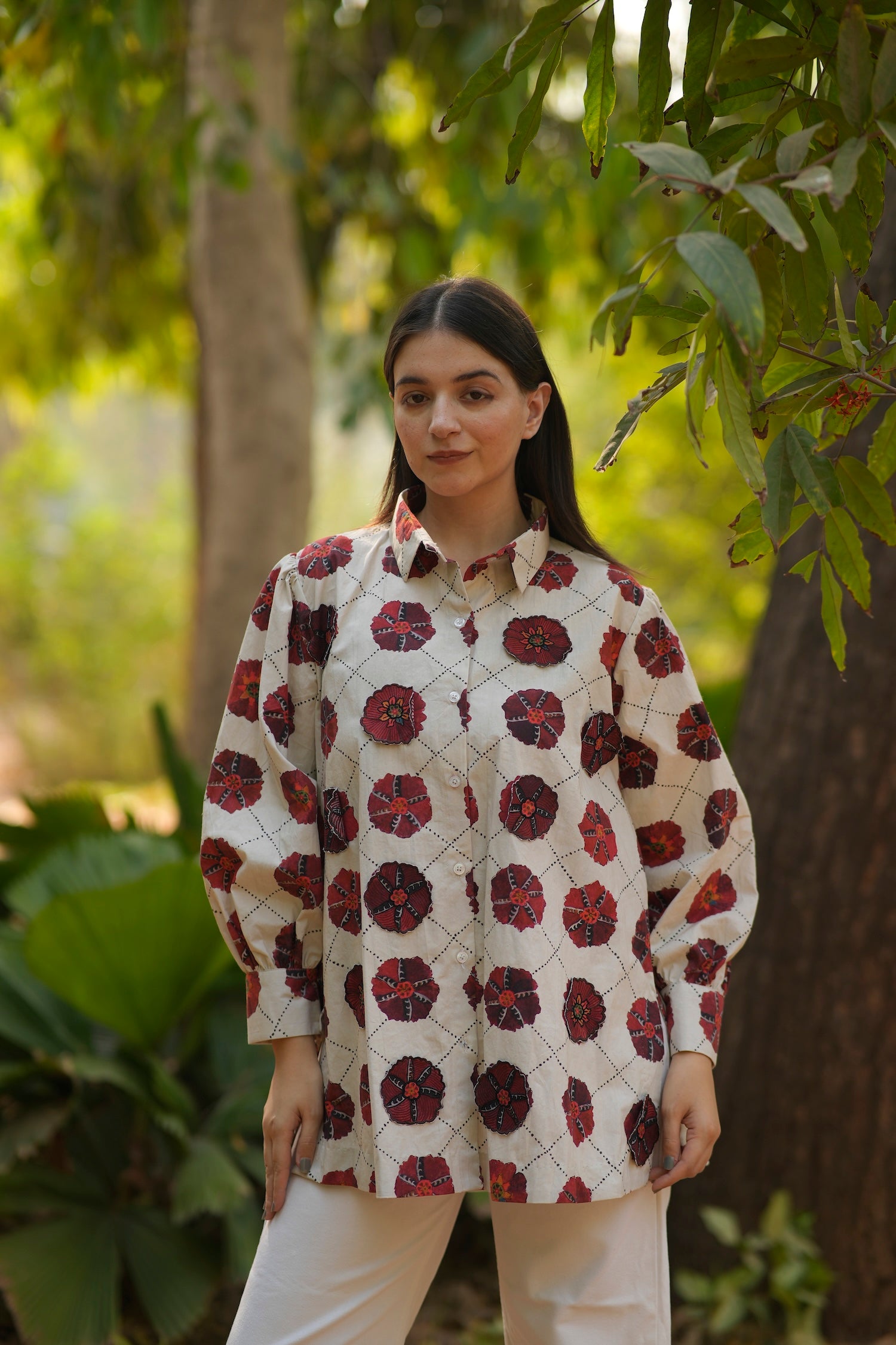 Crimson Bloom Cotton Shirt