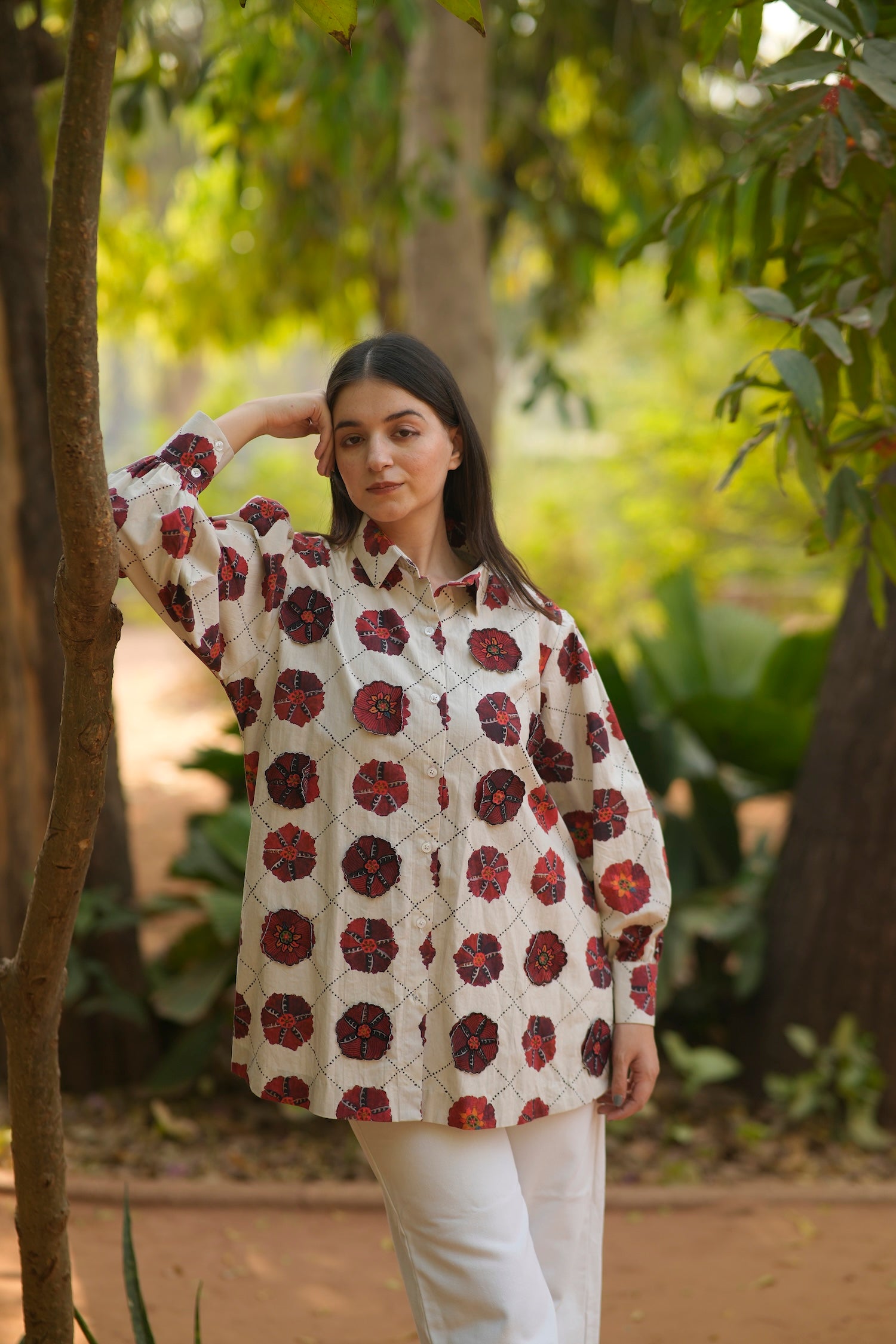 Crimson Bloom Cotton Shirt