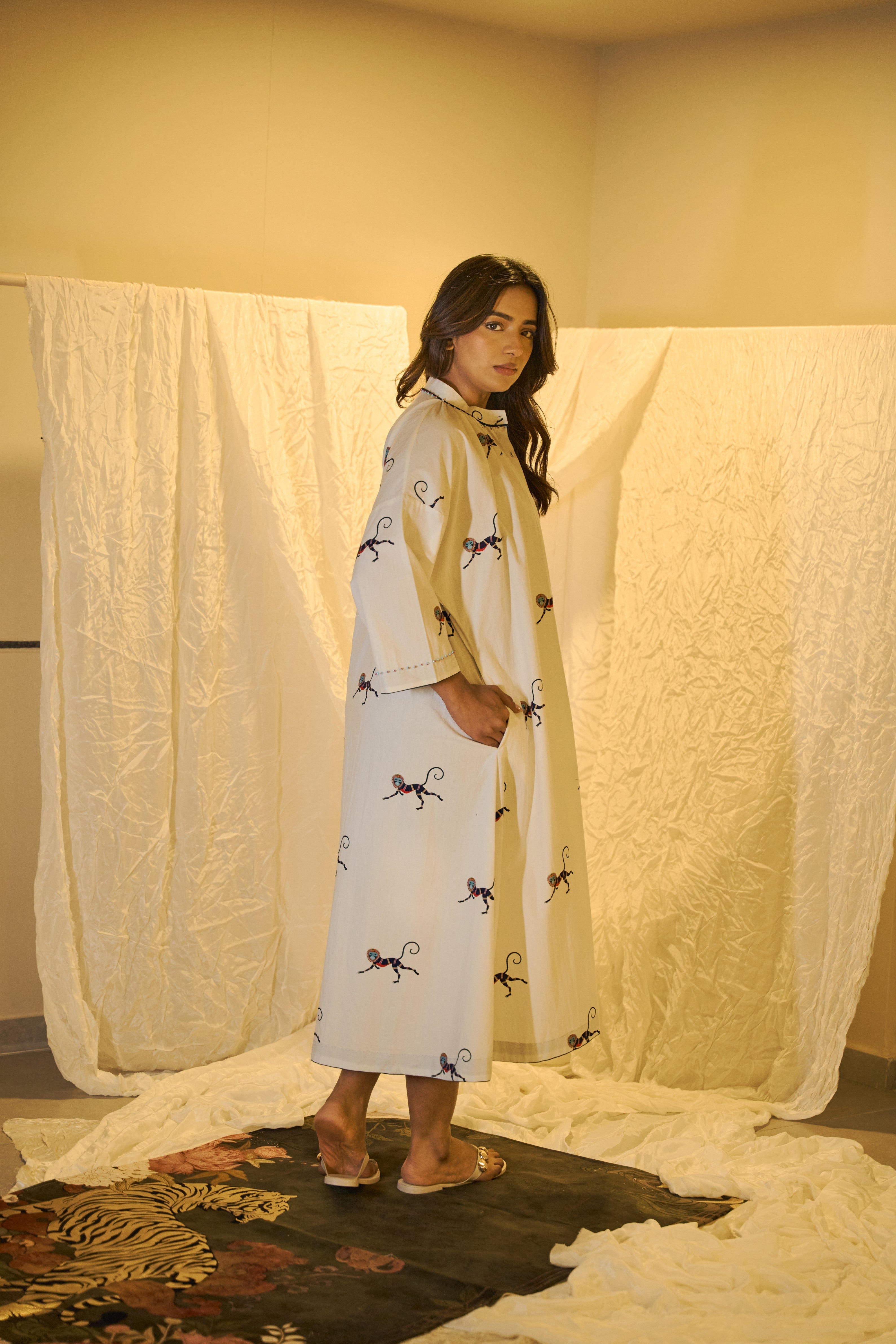 Motif Printed Cotton Maxi Dress