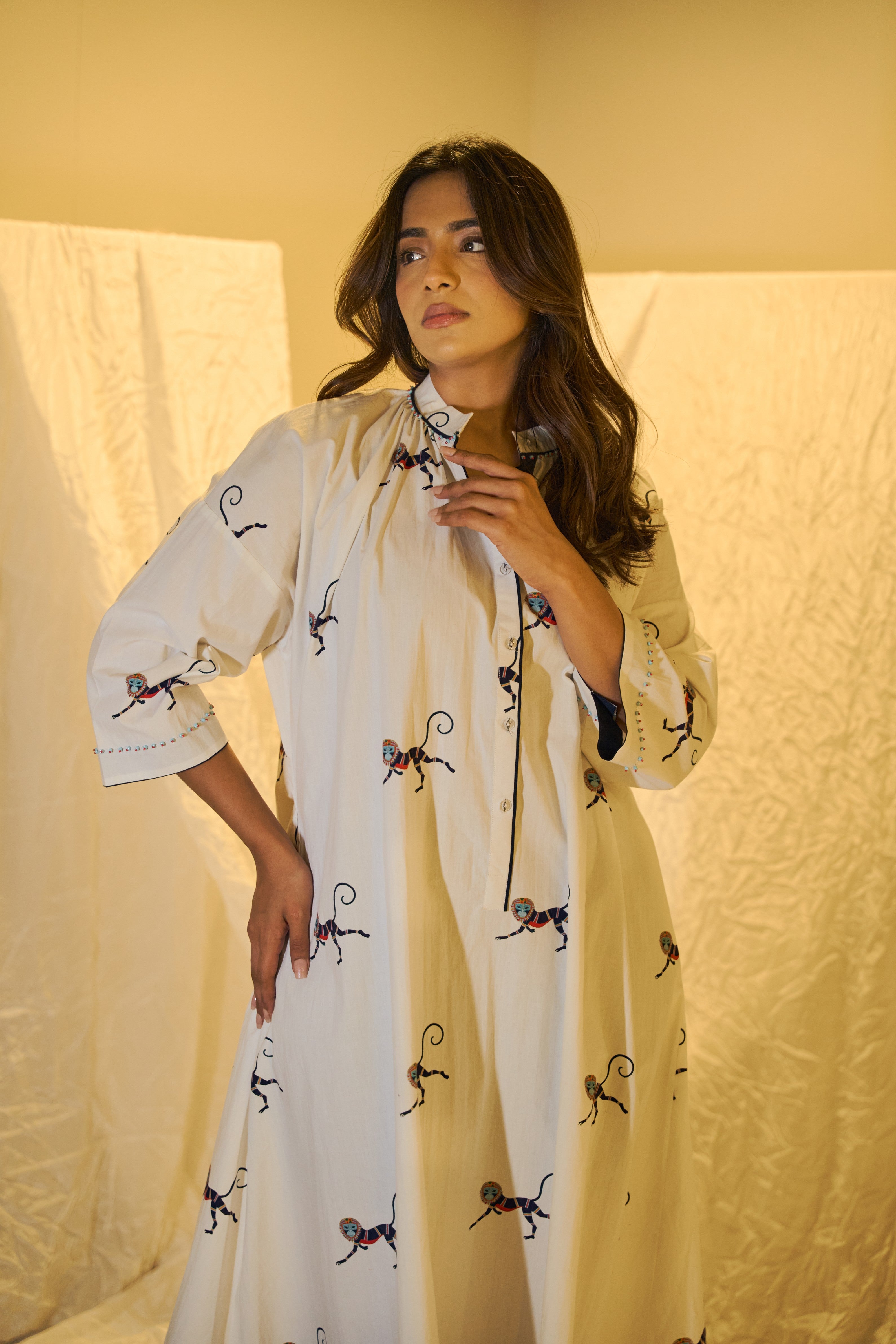 Motif Printed Cotton Maxi Dress