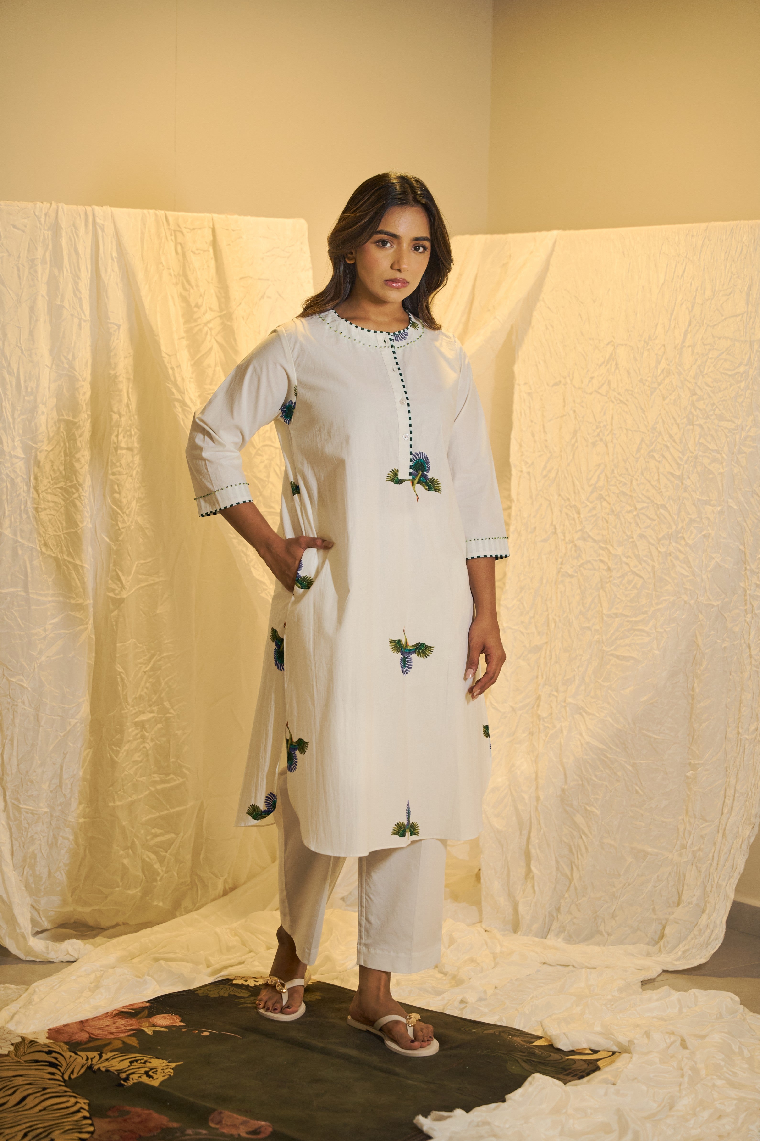 Peacock Motif Printed Cotton Kurta Set