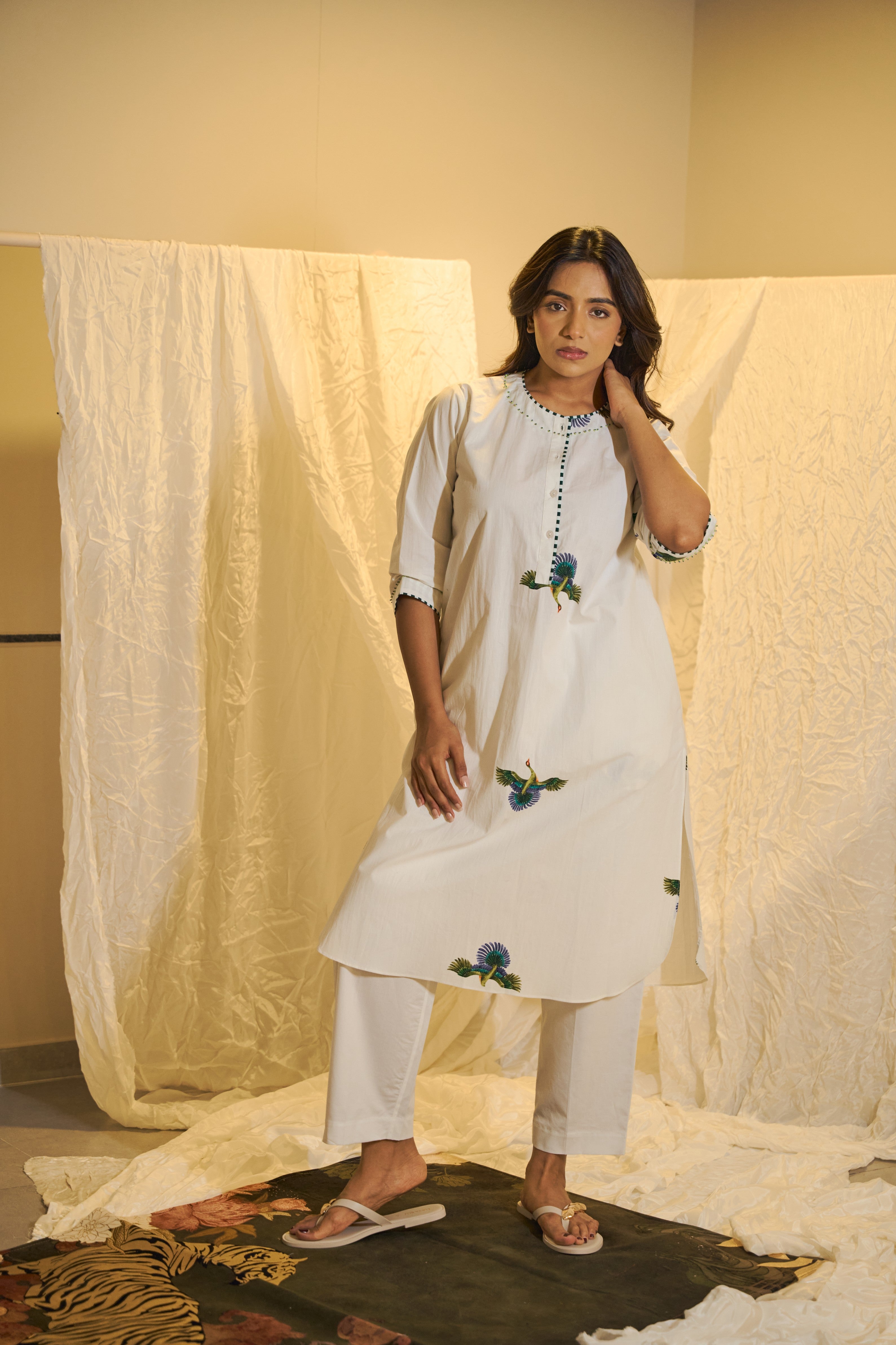 Peacock Motif Printed Cotton Kurta Set