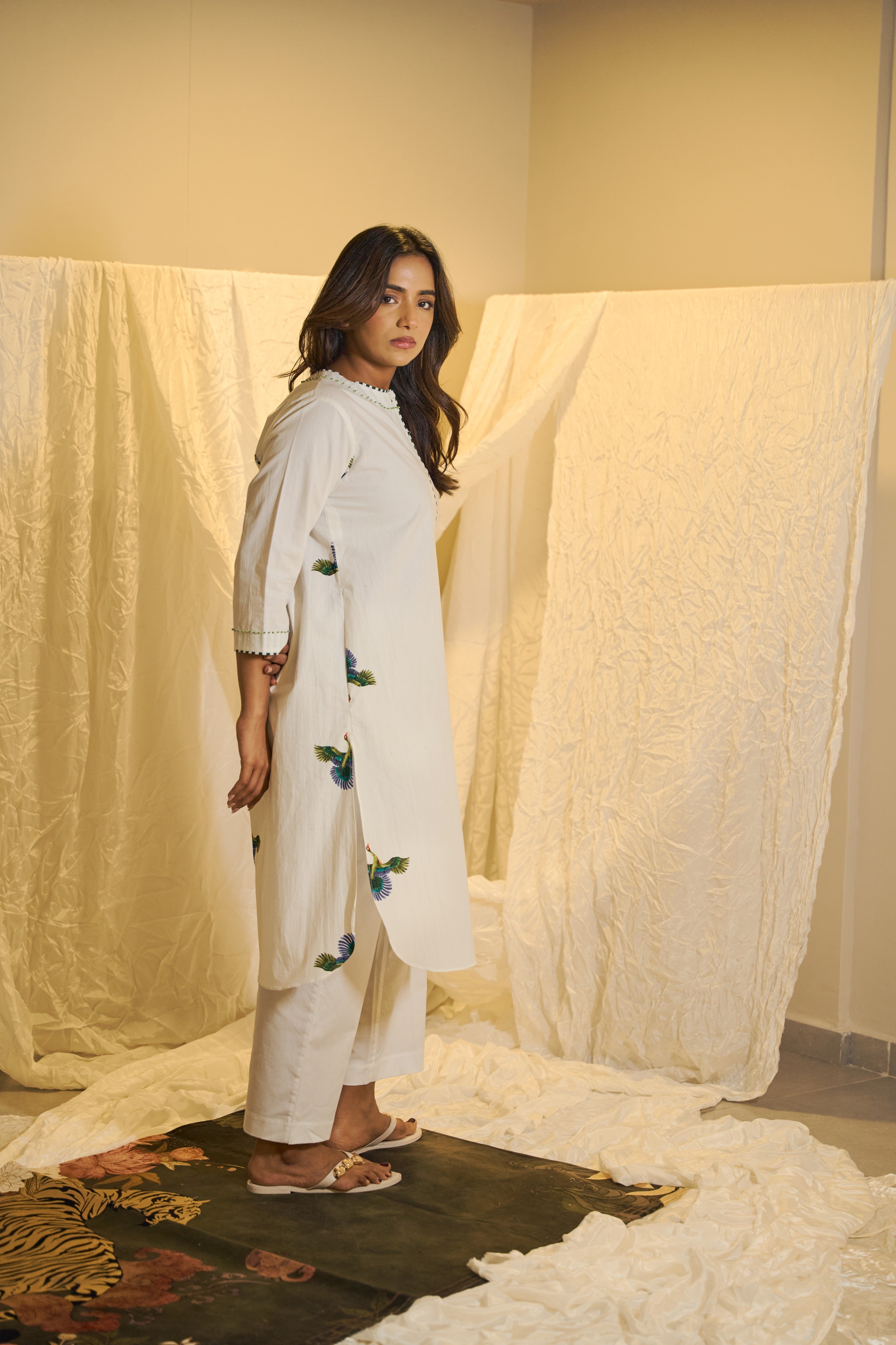 Peacock Motif Printed Cotton Kurta Set